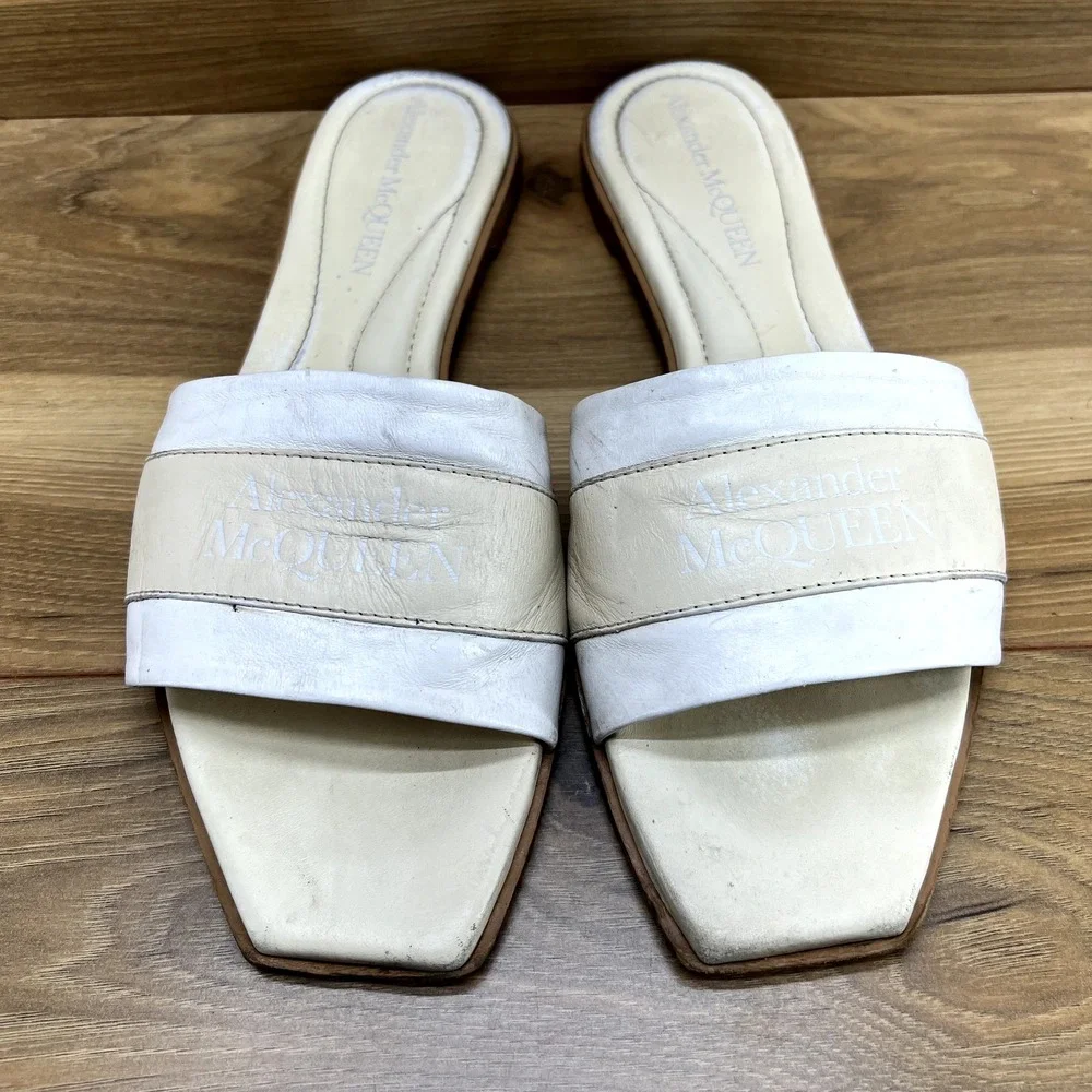 Alexander Mcqueen Slide Sandals 10 EU 40 White Beige Neutrals Leather Square Toe